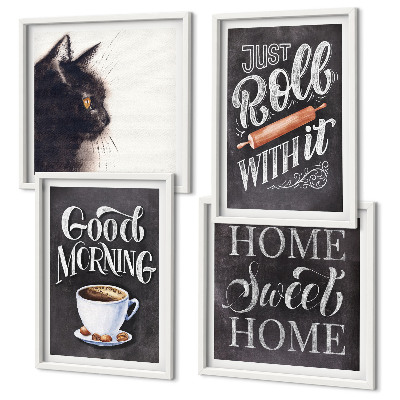 Ensemble de 4 tableaux Thèmes de cuisine à la maison avec chat