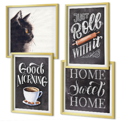 Ensemble de 4 tableaux Thèmes de cuisine à la maison avec chat