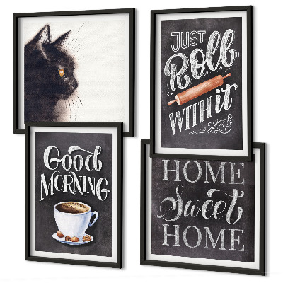 Ensemble de 4 tableaux Thèmes de cuisine à la maison avec chat