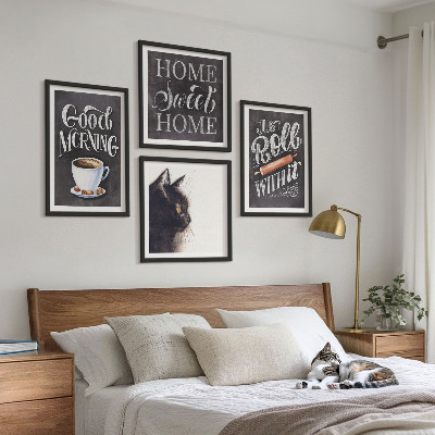 Ensemble de 4 tableaux Thèmes de cuisine à la maison avec chat