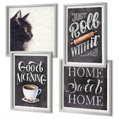 Ensemble de 4 tableaux Thèmes de cuisine à la maison avec chat