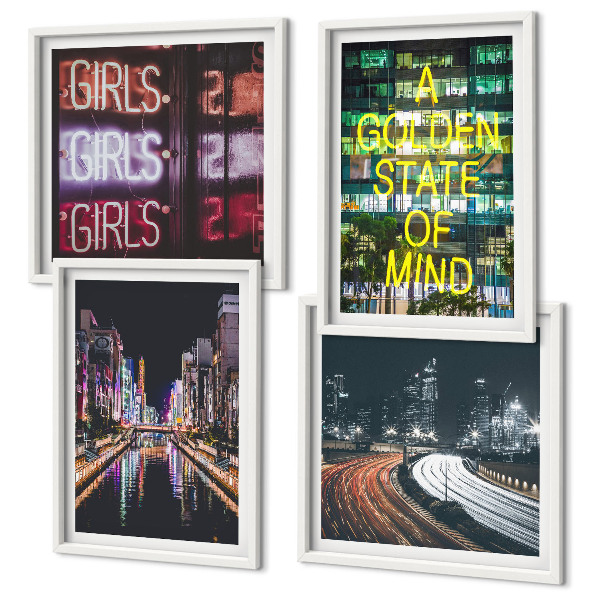 Ensemble de 4 tableaux Enseignes lumineuses en ville la nuit