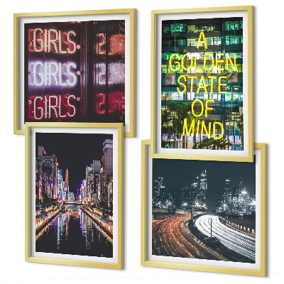 Ensemble de 4 tableaux Enseignes lumineuses en ville la nuit