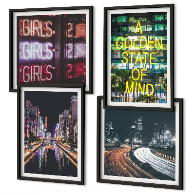 Ensemble de 4 tableaux Enseignes lumineuses en ville la nuit