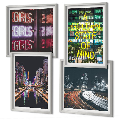 Ensemble de 4 tableaux Enseignes lumineuses en ville la nuit