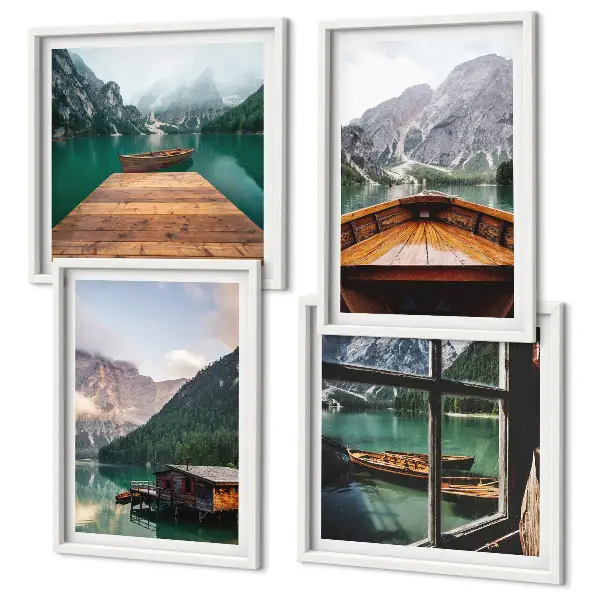 Mur de tableaux représentant des paysages de montagne avec des chalets et des bateaux