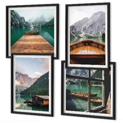 Mur de tableaux représentant des paysages de montagne avec des chalets et des bateaux