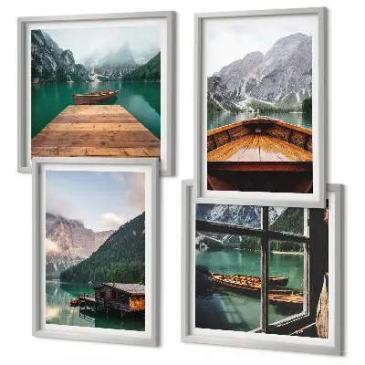 Mur de tableaux représentant des paysages de montagne avec des chalets et des bateaux