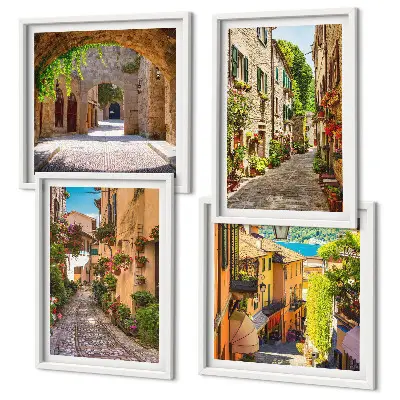 Tableau polyptyque 4 cadres rues italiennes avec fleurs et architecture