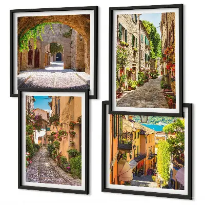 Tableau polyptyque 4 cadres rues italiennes avec fleurs et architecture