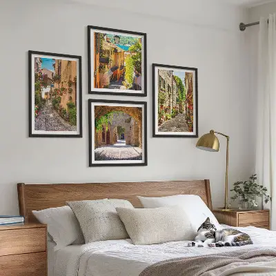 Tableau polyptyque 4 cadres rues italiennes avec fleurs et architecture