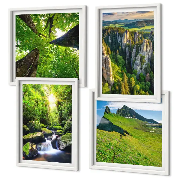 Ensemble de 4 tableaux montagnes vertes, cascade et forêt