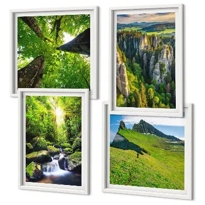 Ensemble de 4 tableaux montagnes vertes, cascade et forêt