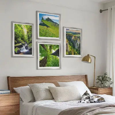Ensemble de 4 tableaux montagnes vertes, cascade et forêt