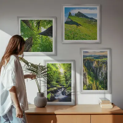 Ensemble de 4 tableaux montagnes vertes, cascade et forêt