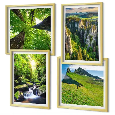 Ensemble de 4 tableaux montagnes vertes, cascade et forêt