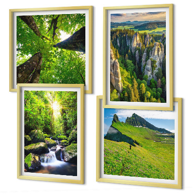 Ensemble de 4 tableaux Montagnes vertes, cascade, forêt