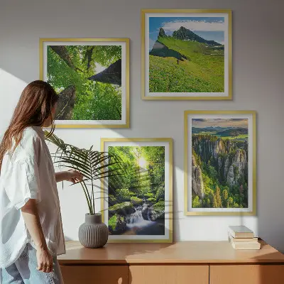 Ensemble de 4 tableaux montagnes vertes, cascade et forêt