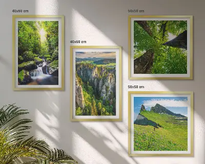 Ensemble de 4 tableaux montagnes vertes, cascade et forêt