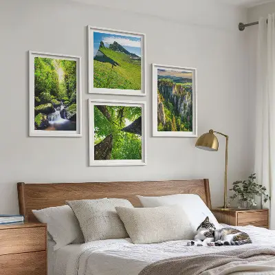 Ensemble de 4 tableaux montagnes vertes, cascade et forêt