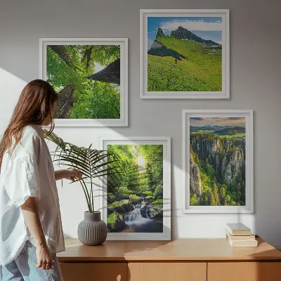 Ensemble de 4 tableaux montagnes vertes, cascade et forêt