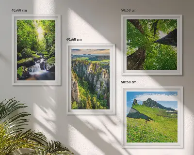 Ensemble de 4 tableaux montagnes vertes, cascade et forêt