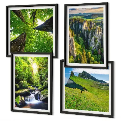 Ensemble de 4 tableaux montagnes vertes, cascade et forêt
