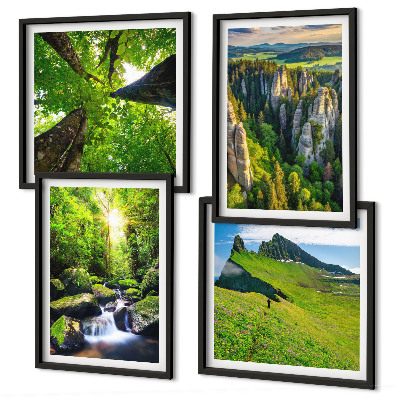 Ensemble de 4 tableaux Montagnes vertes, cascade, forêt