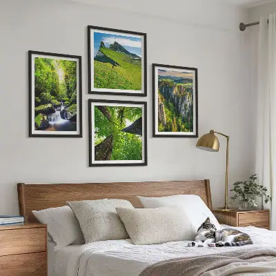 Ensemble de 4 tableaux montagnes vertes, cascade et forêt