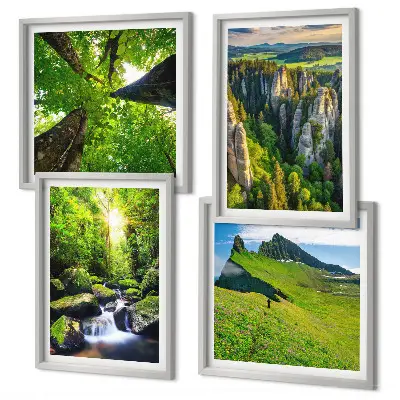 Ensemble de 4 tableaux montagnes vertes, cascade et forêt