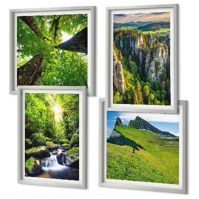 Ensemble de 4 tableaux Montagnes vertes, cascade, forêt