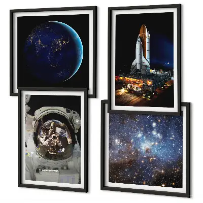 Ensemble de 4 tableaux représentant une fusée, un astronaute et la Terre dans l'espace