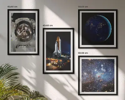 Ensemble de 4 tableaux représentant une fusée, un astronaute et la Terre dans l'espace