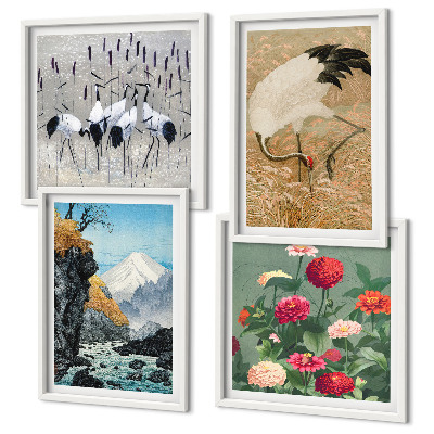 Ensemble de 4 tableaux Montagnes, rivière, fleurs, grues