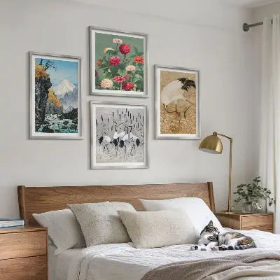 Ensemble de 4 tableaux motifs de montagnes, rivière, fleurs et grues
