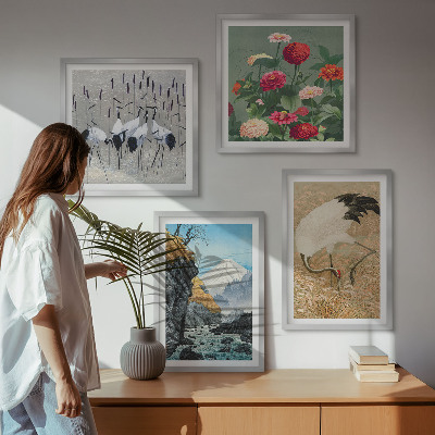 Ensemble de 4 tableaux Montagnes, rivière, fleurs, grues