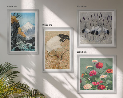 Ensemble de 4 tableaux Montagnes, rivière, fleurs, grues