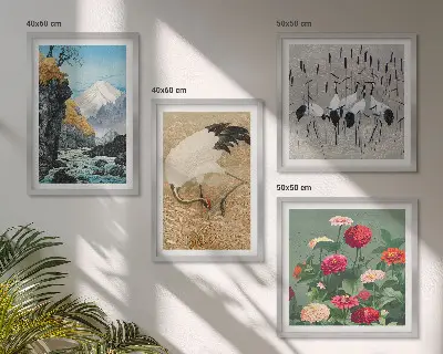 Ensemble de 4 tableaux motifs de montagnes, rivière, fleurs et grues