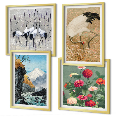 Ensemble de 4 tableaux Montagnes, rivière, fleurs, grues