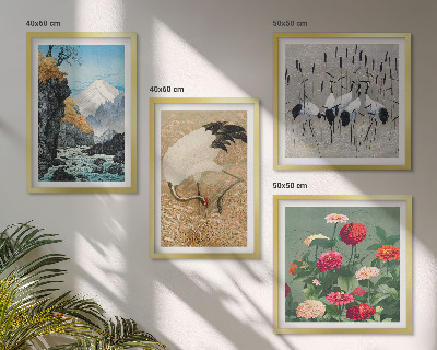 Ensemble de 4 tableaux Montagnes, rivière, fleurs, grues