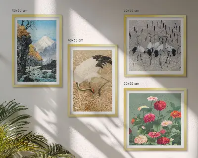 Ensemble de 4 tableaux motifs de montagnes, rivière, fleurs et grues
