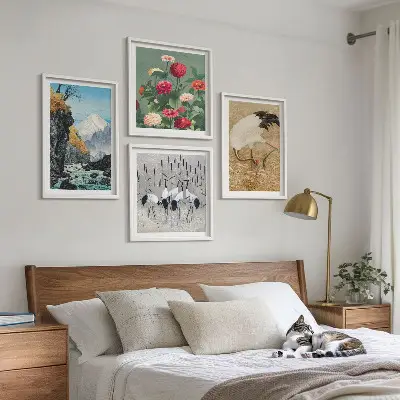Ensemble de 4 tableaux motifs de montagnes, rivière, fleurs et grues