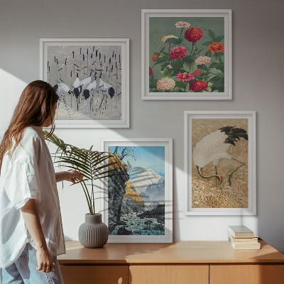 Ensemble de 4 tableaux Montagnes, rivière, fleurs, grues