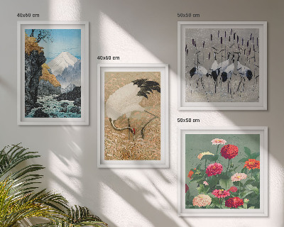 Ensemble de 4 tableaux Montagnes, rivière, fleurs, grues
