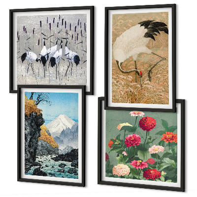Ensemble de 4 tableaux Montagnes, rivière, fleurs, grues