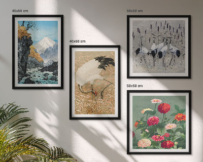 Ensemble de 4 tableaux Montagnes, rivière, fleurs, grues
