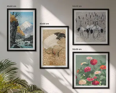 Ensemble de 4 tableaux motifs de montagnes, rivière, fleurs et grues