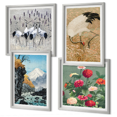 Ensemble de 4 tableaux Montagnes, rivière, fleurs, grues