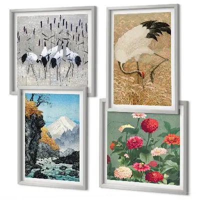 Ensemble de 4 tableaux motifs de montagnes, rivière, fleurs et grues
