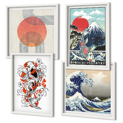 Polyptyque z cadres Illustrations de montagnes de vagues de poissons au japon